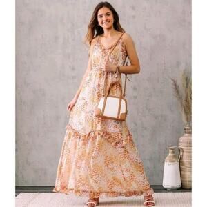 June & Hudson Floral Ruffle Ivory Orange Lavender Maxi Dress size S